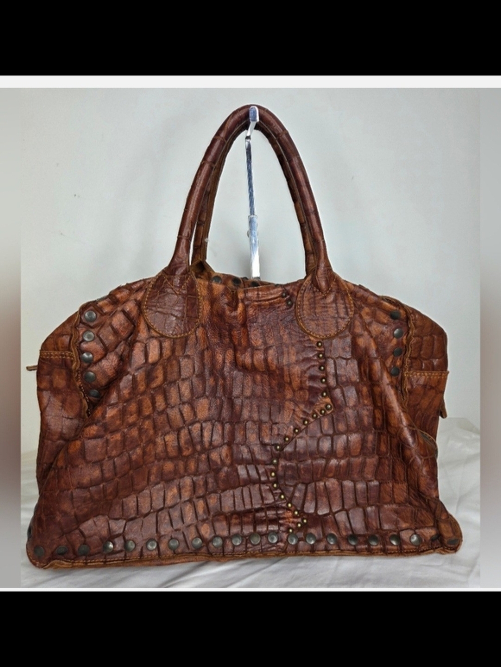 Brown Croc-Embossed Leather Tote Bag - Designer Style